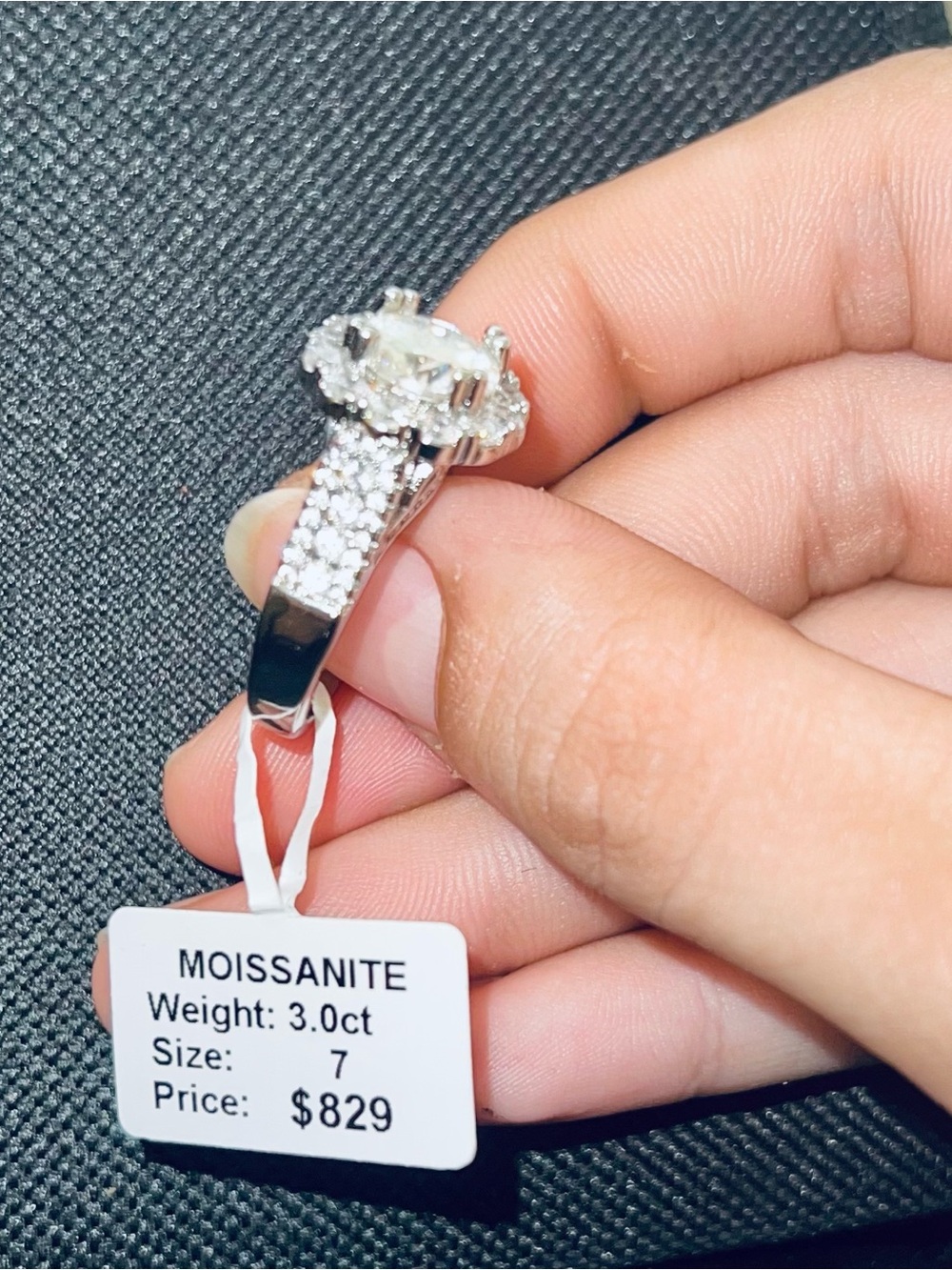 3.0ct Moissanite Halo Ring in Silver - Size 7
